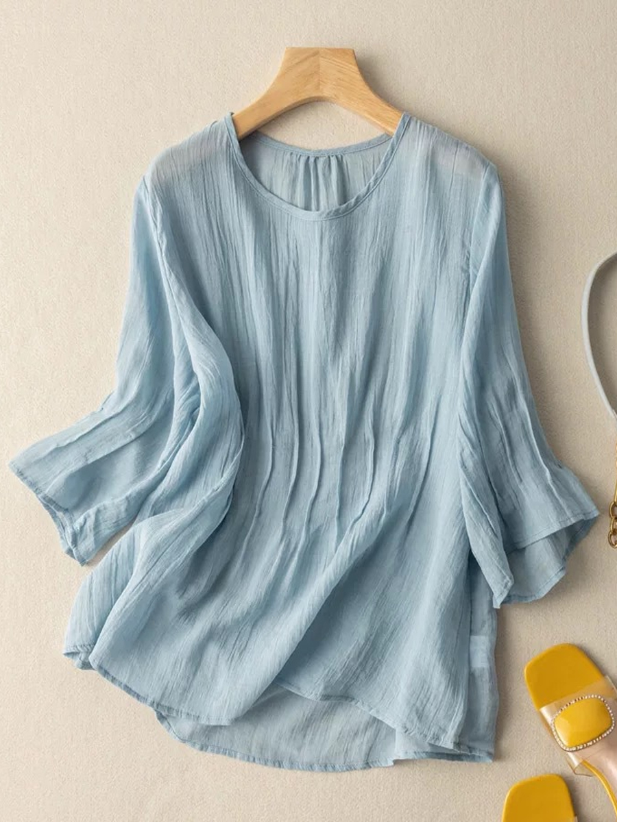 Casual Solid Wrinkled Crew Neck Three Quarter Sleeves Blouse