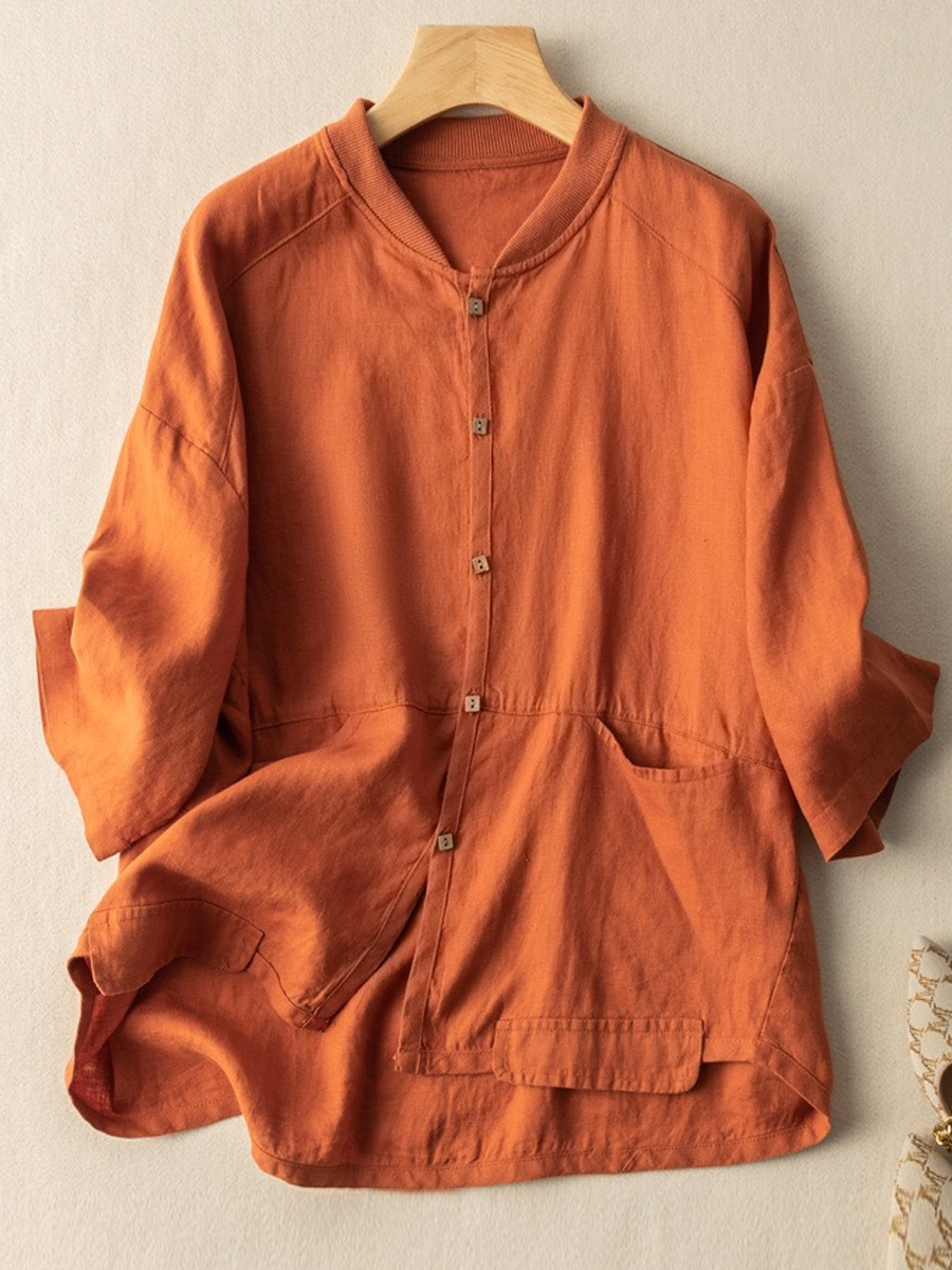 Retro Casual Solid Color Round Neck Three Quarter Sleeve Sun Protection Cardigan Shirt