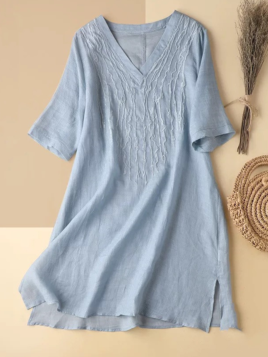 Loose Casual V Neck Embroidered Half Sleeve Short Dress