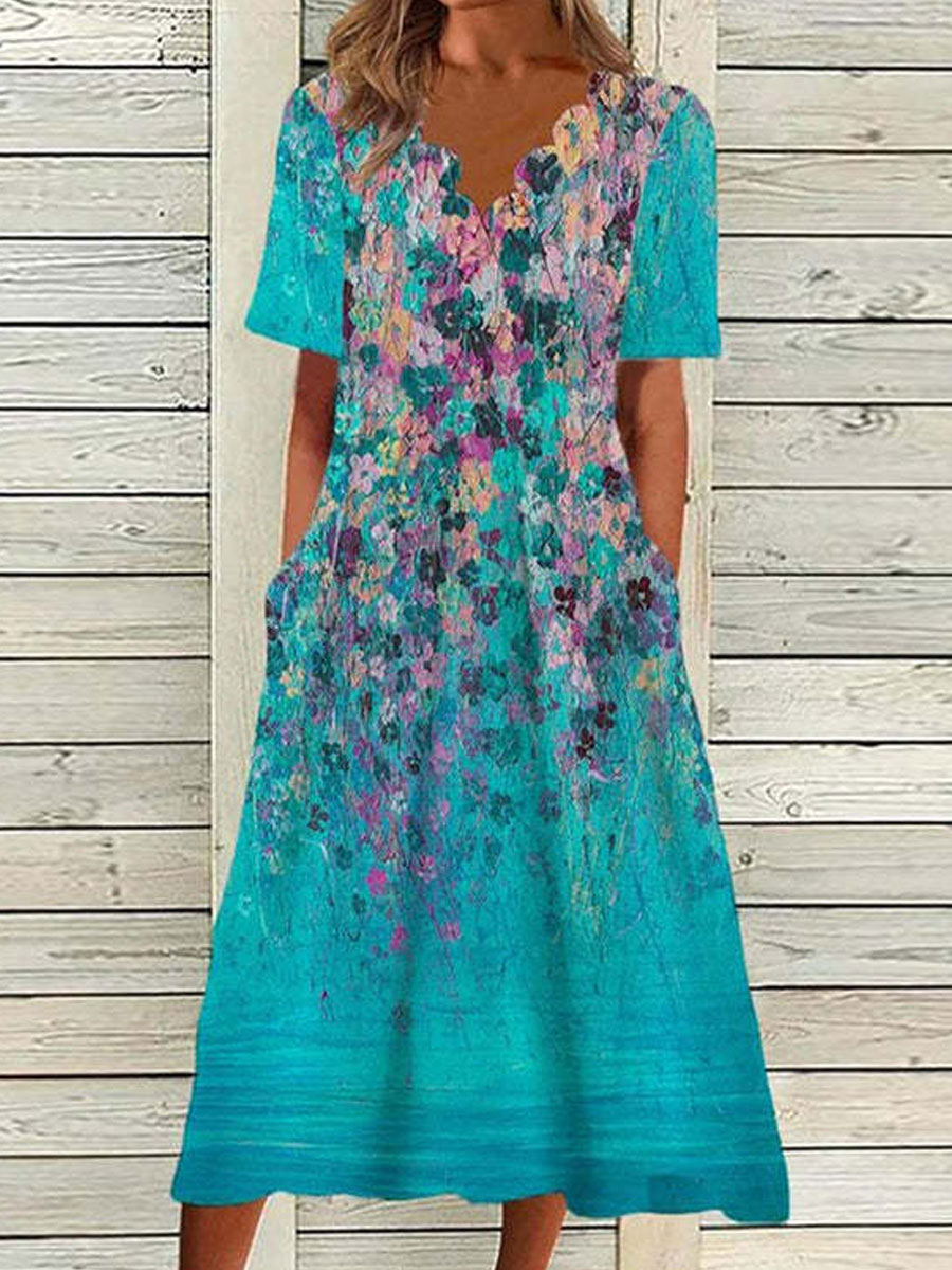 V neck Casual Loose Floral Print Resort Short Sleeve Maxi Dress
