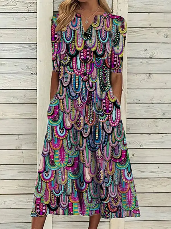 V-neck Loose Casual Vintage Print Vacation Short Sleeve Midi Dress - Oasisjoy.com 