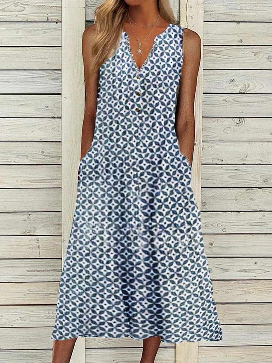 Casual V Neck Vintage Print Sleeveless Midi Dress