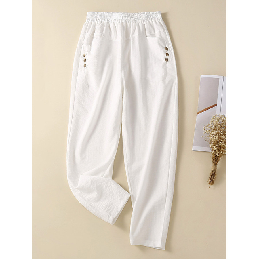 

Casual Solid Elastic Pocket Button Cropped Pants