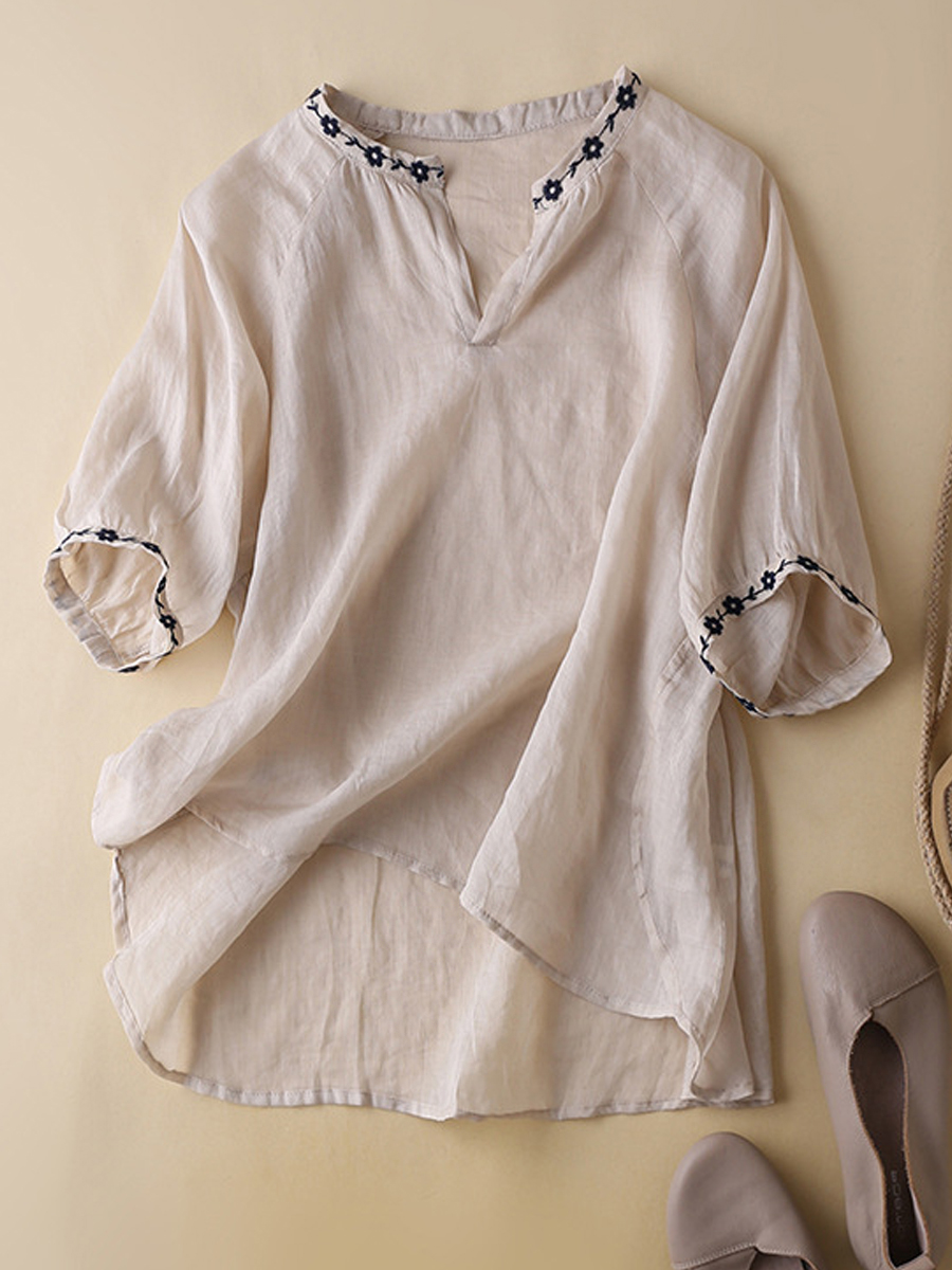 Loose Casual Solid Color V Neck Embroidered Half Sleeve Blouse