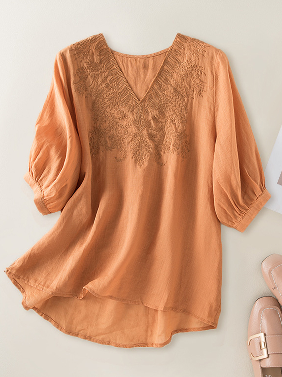 Loose Casual V Neck Solid Embroidered Half Sleeve Blouse