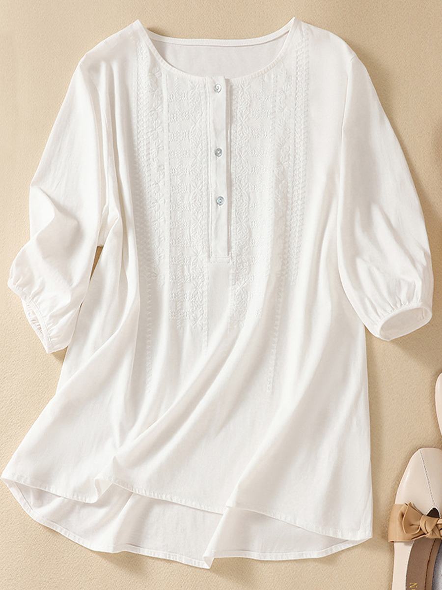 Loose Casual V Neck Solid Color Half Sleeve Blouse