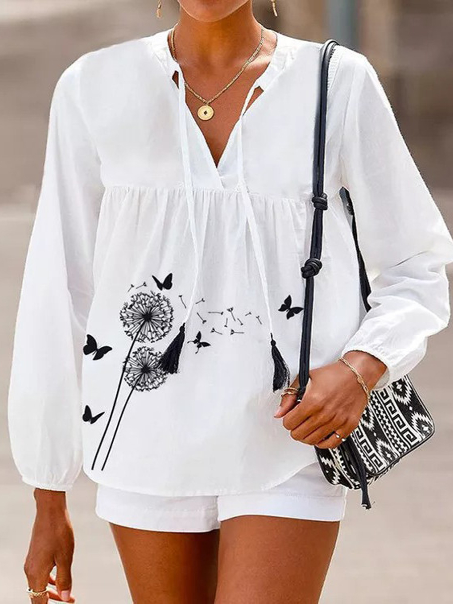 Casual Dandelion Print V Neck Long Sleeve Blouse