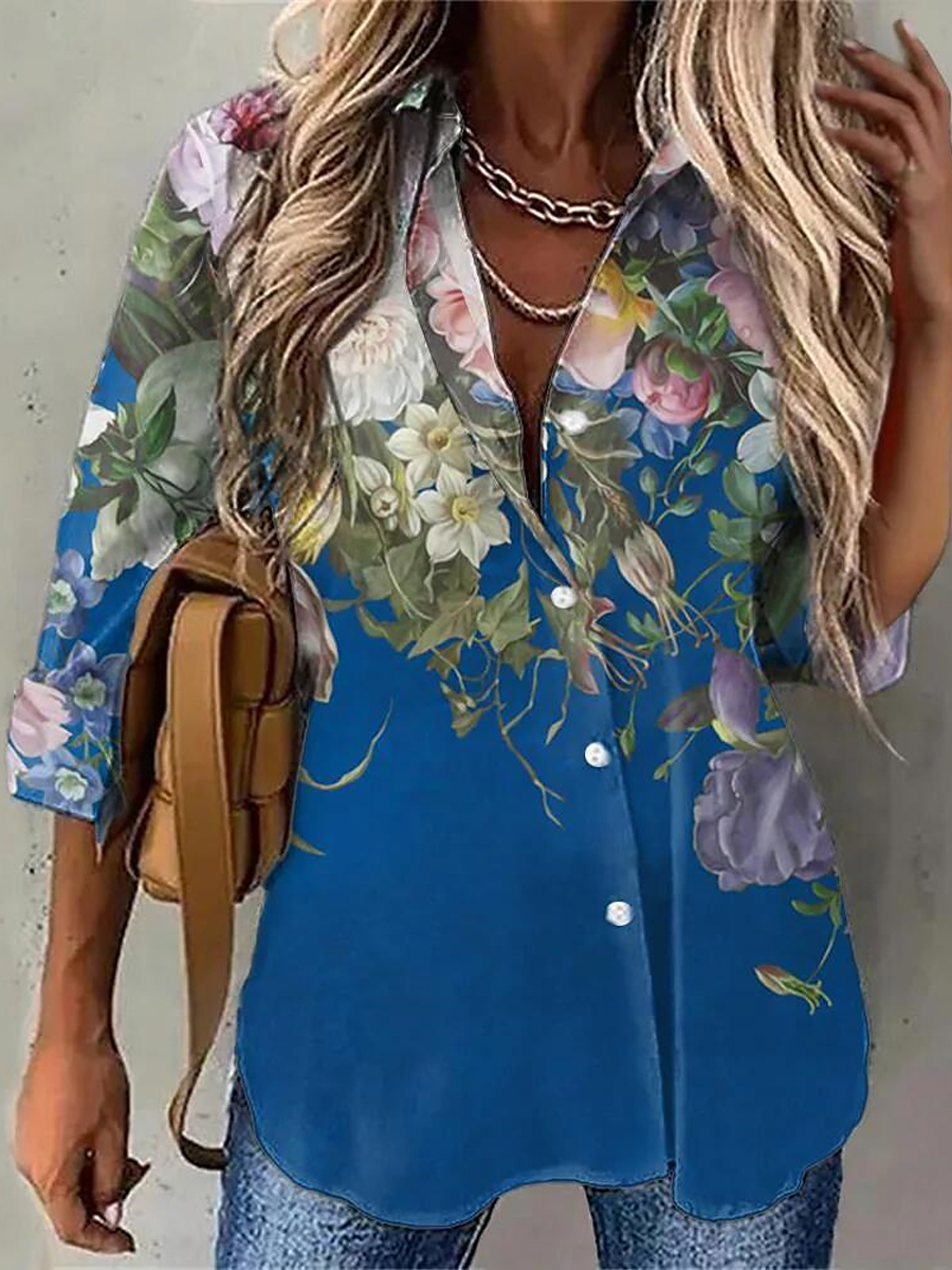 Fashion Floral Print Lapel Long Sleeve Shirt