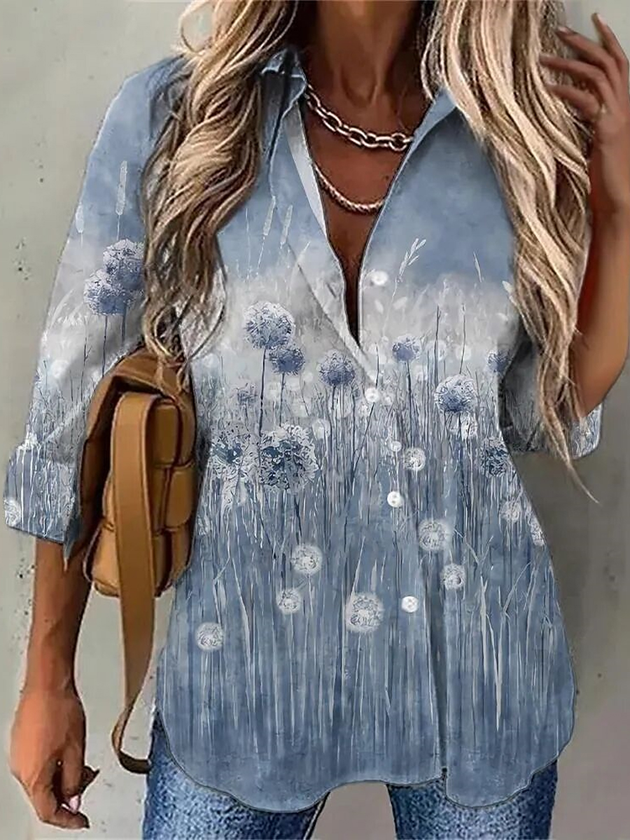 Fashion Floral Print Lapel Long Sleeve Shirt