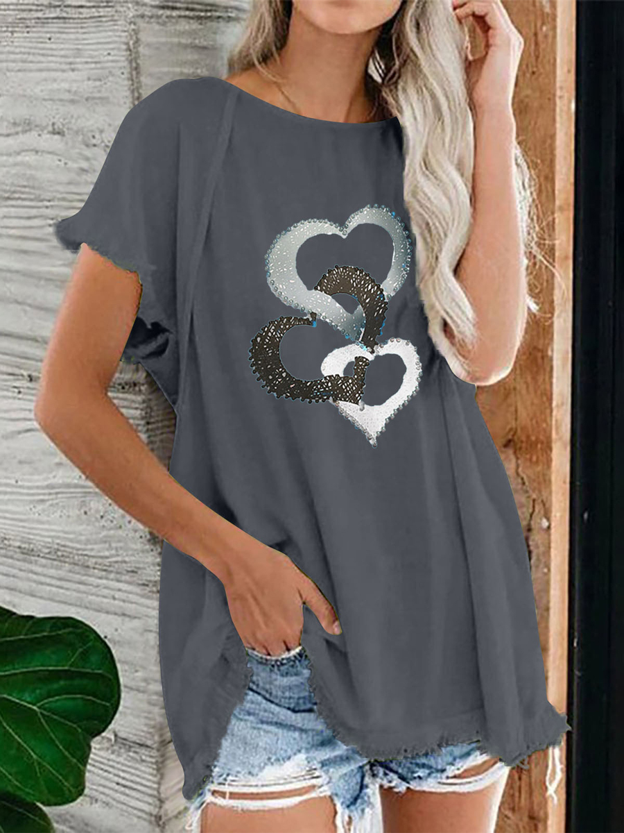 Vintage Heart Print Crew Neck Short Sleeve T Shirt