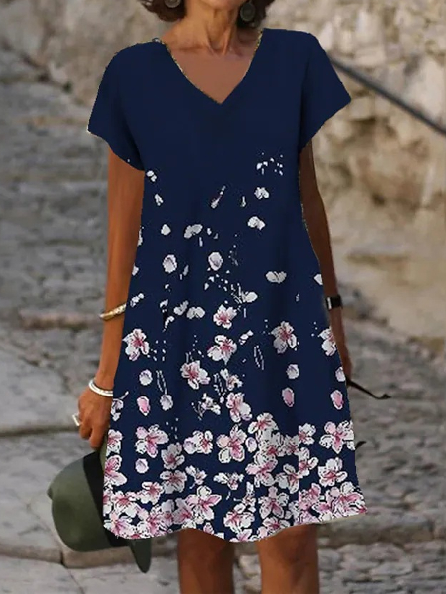 Casual Floral Print V Neck Short Sleeve Midi Dress
