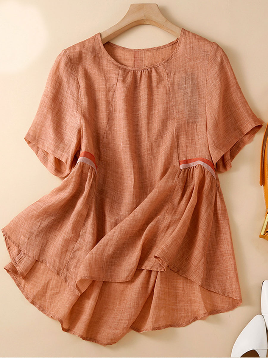 Round Neck Casual Loose Solid Color Short sleeved Blouse