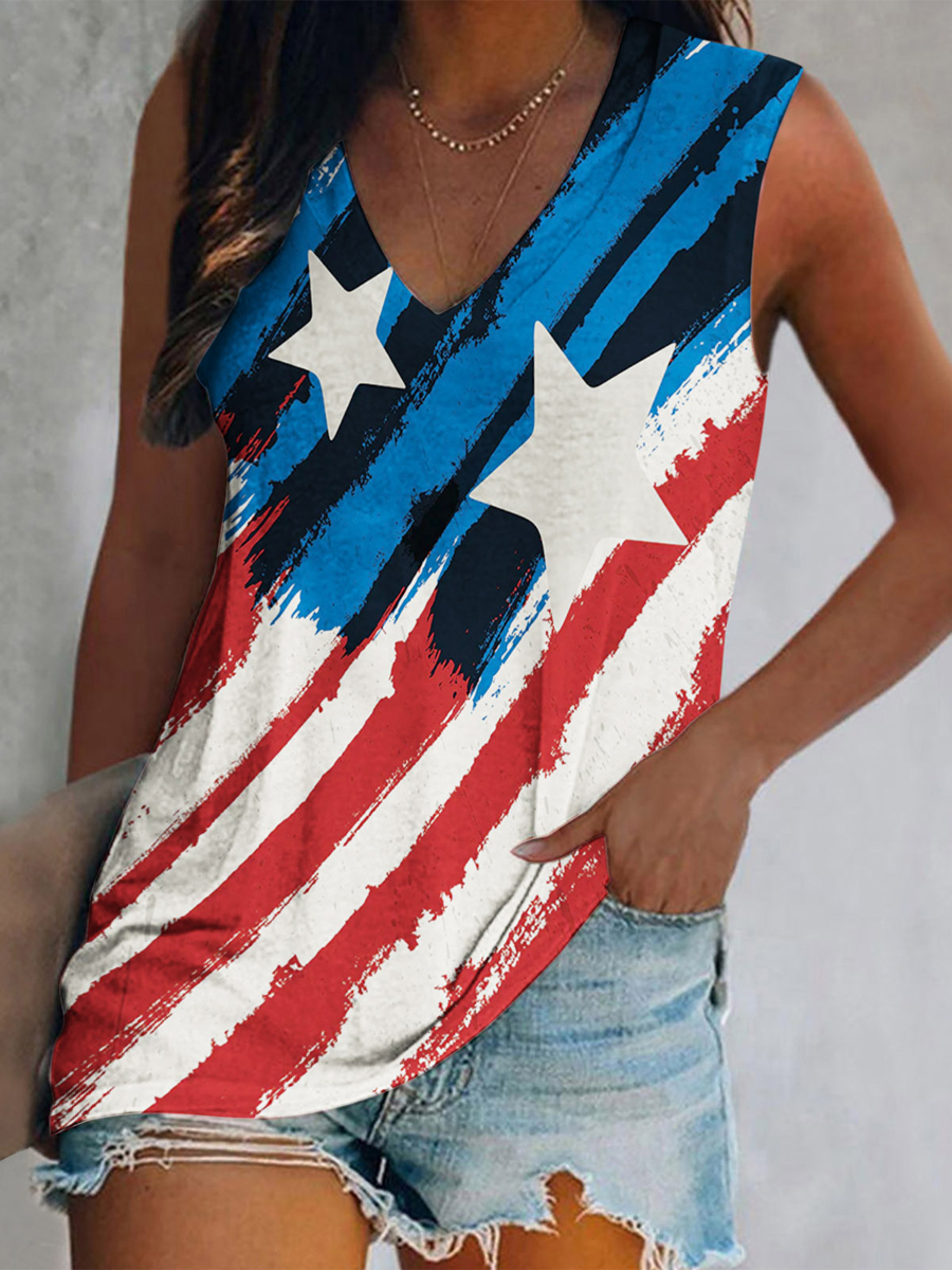 Casual Independence Day Print Sleeveless V Neck T Shirt Tank Top