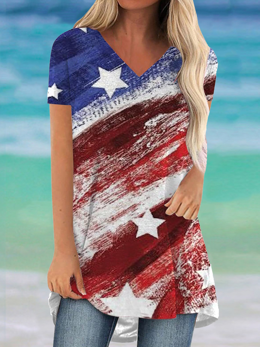 Casual Independence Day Print V Neck Short Sleeve T Shirt