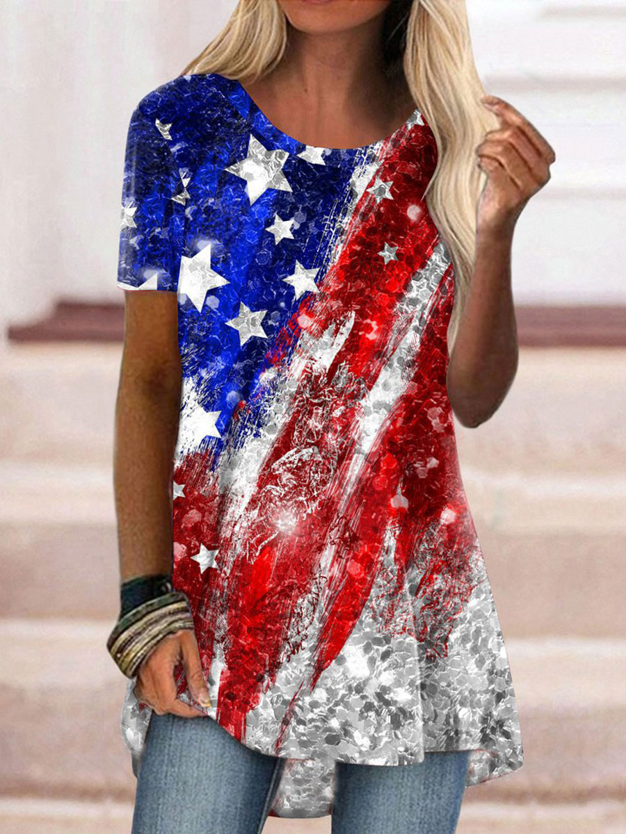 Round Neck Casual Loose Printed Short Sleeve T shirt
