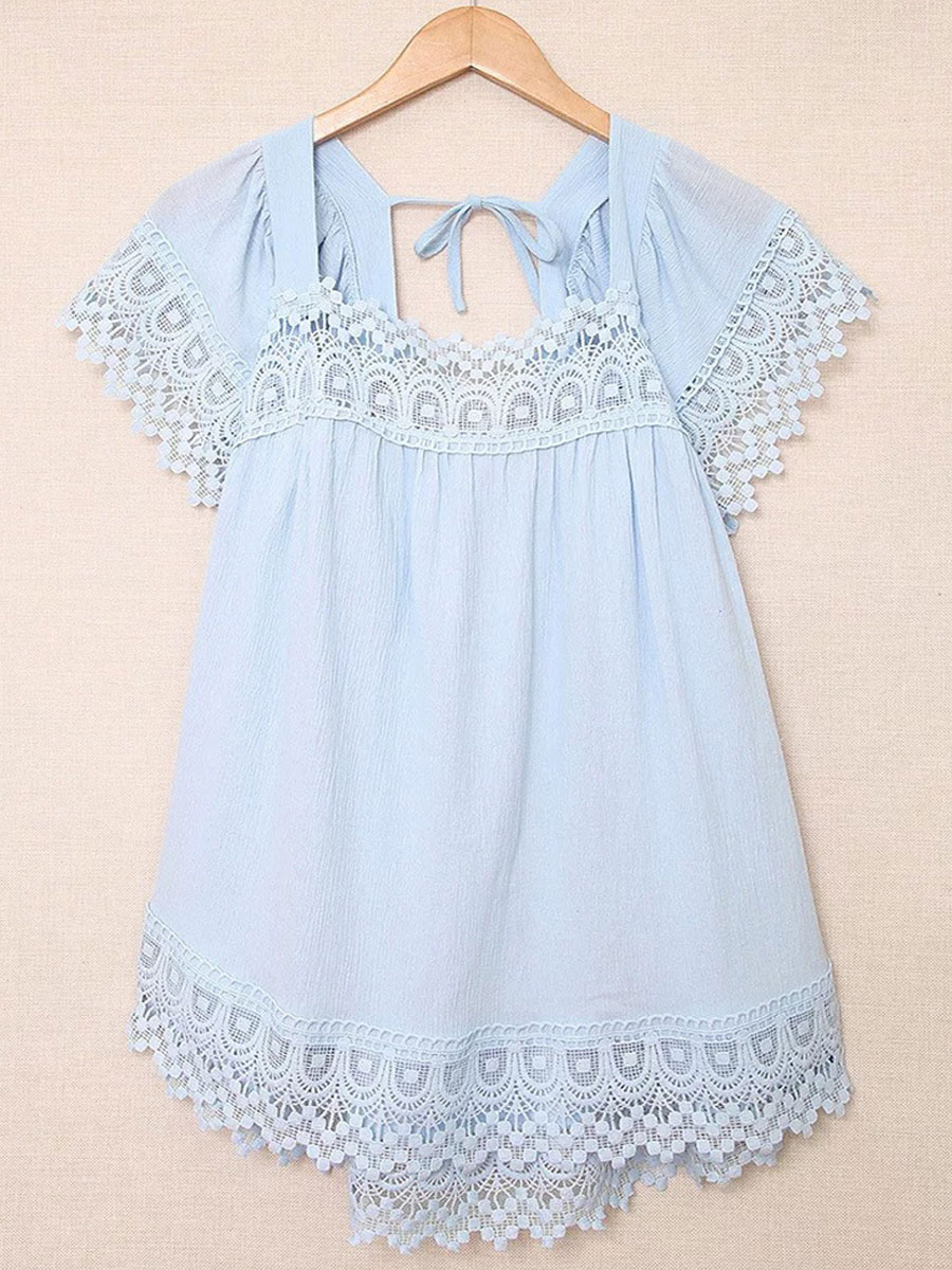 Casual Loose Lace Panel Short Sleeve Blouse