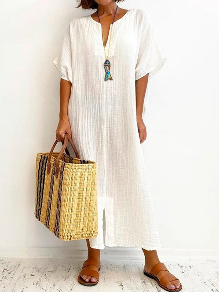 Casual Loose Solid Color V Neck Half Sleeve Maxi Dress