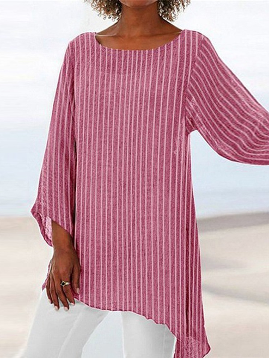 Casual Crew Neck Striped Print Long Sleeve Blouse