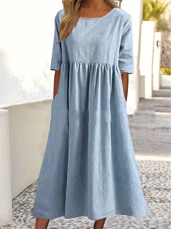 Casual Comfort Solid Color Round Neck Half Sleeve Midi Dress - Oasisjoy.com 