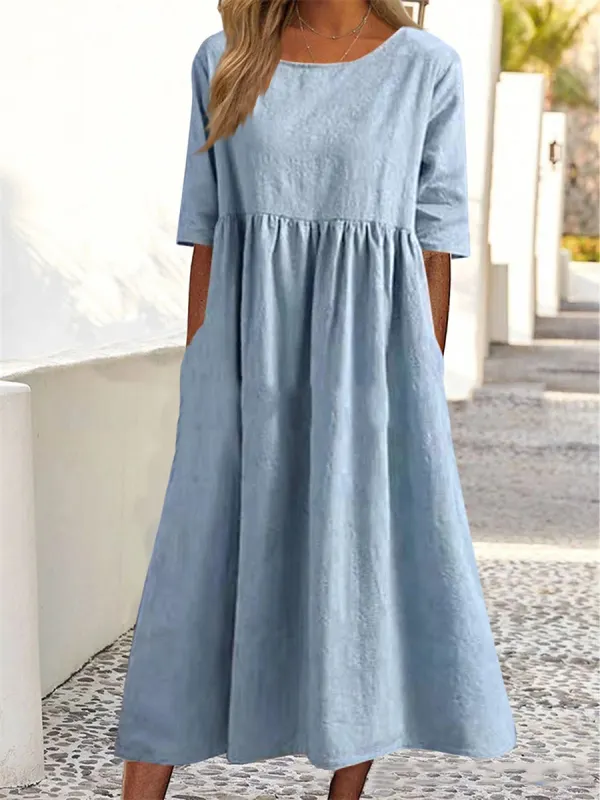 Casual Comfort Solid Color Round Neck Half Sleeve Midi Dress - Machoup.com 