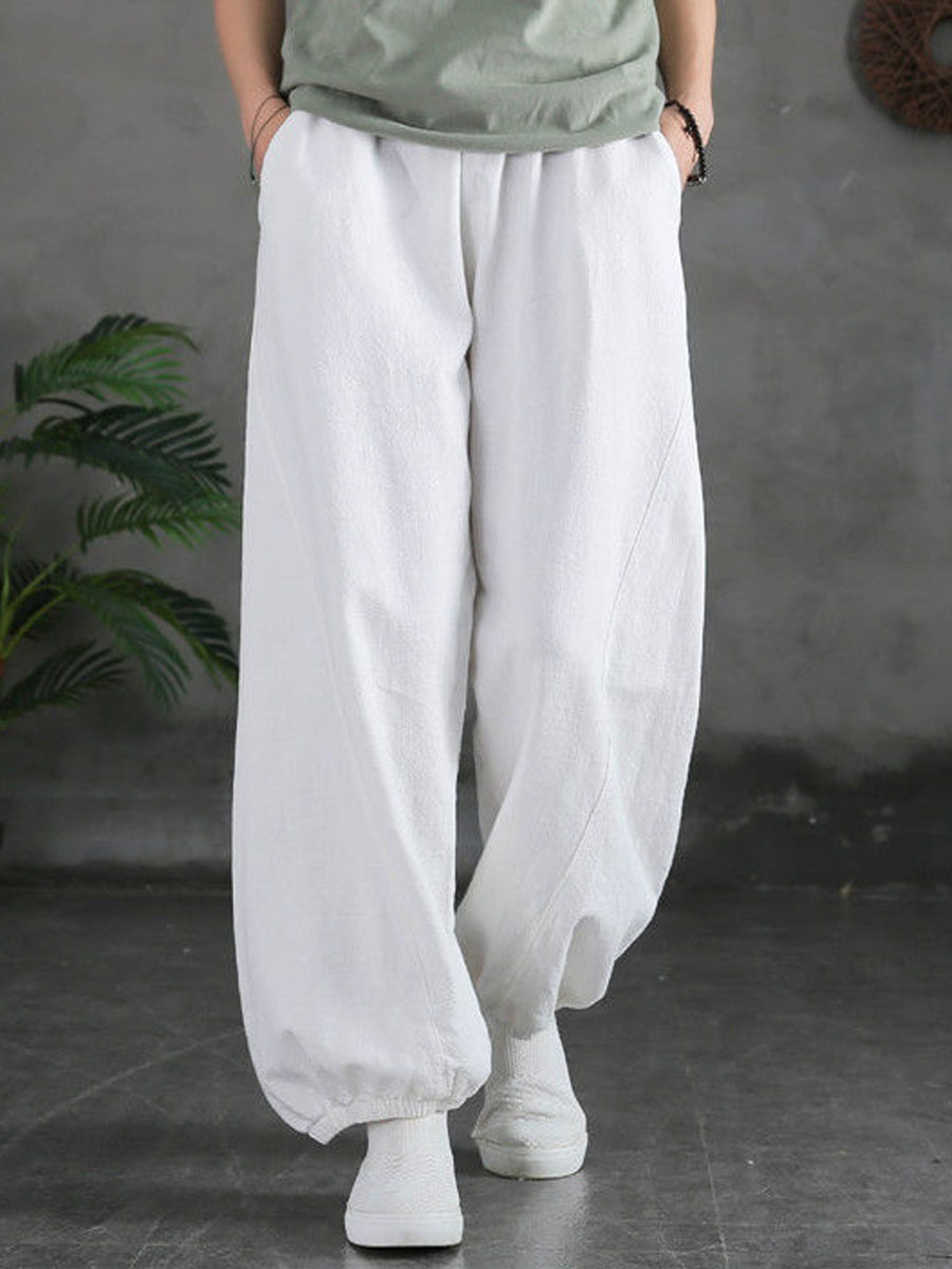 Casual Loose Solid Color Elastic Waist Pants