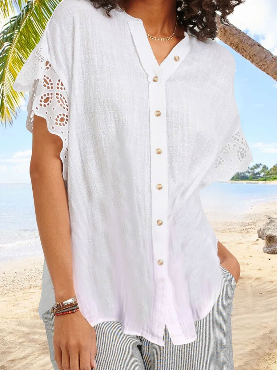 Casual Loose Solid Color Cutout Short Sleeve Blouse