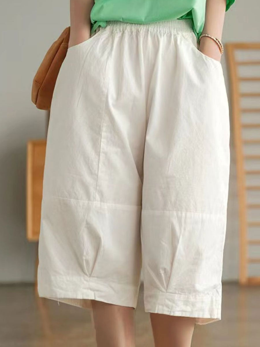 Casual Loose Solid Color Elastic Waist Shorts