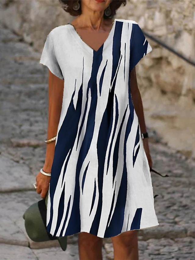 V neck Casual Loose Line Print Short Sleeve Short Dress