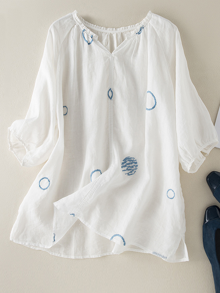 Casual Loose V Neck Embroidered Half Sleeve Blouse