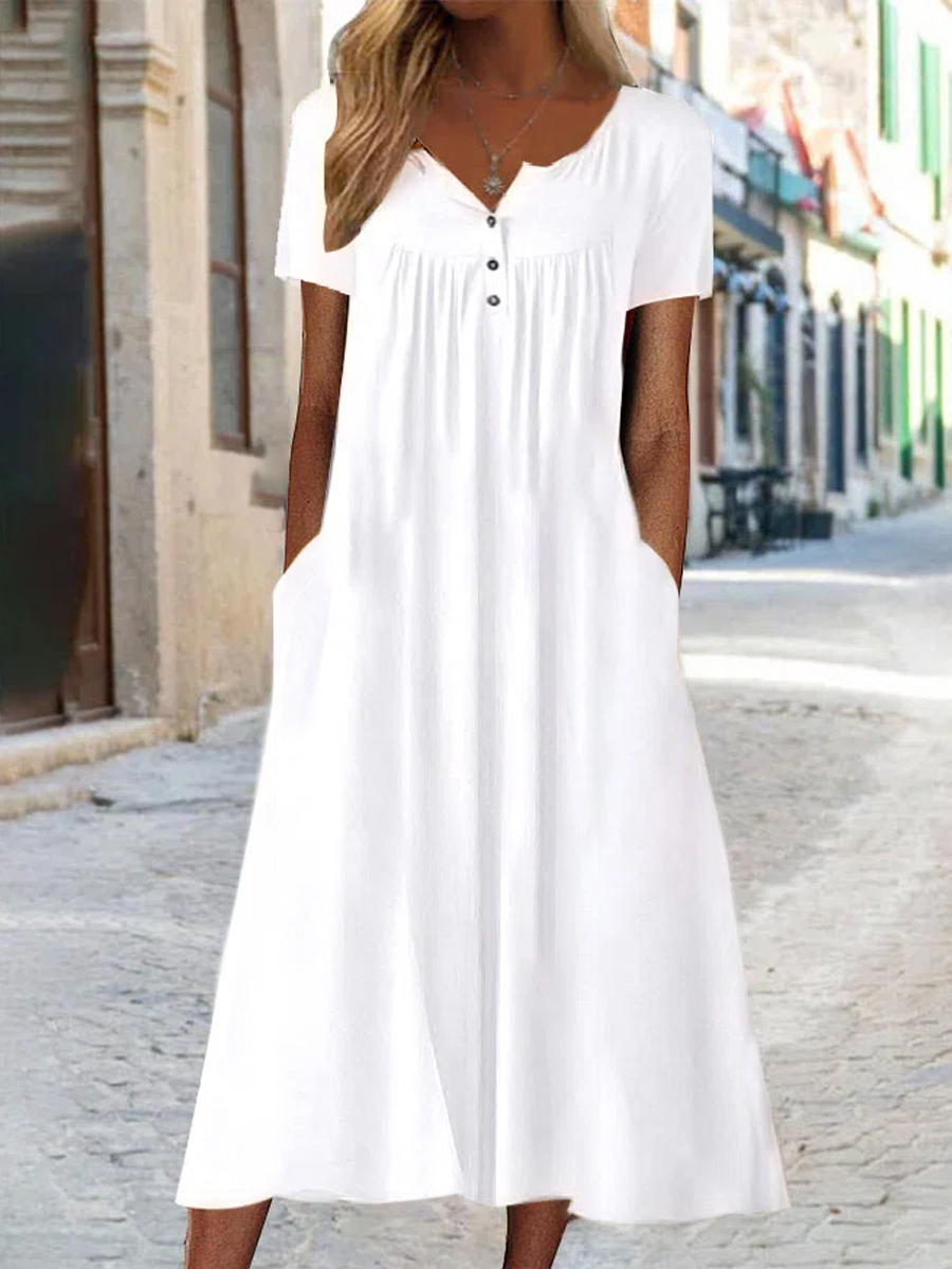 Vintage Solid Color Short Sleeves Crew Neck Midi Dress