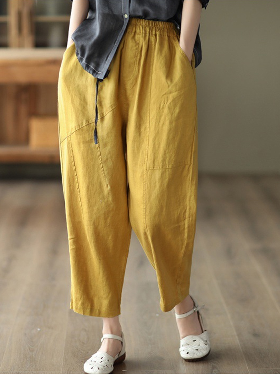 Retro Elastic Waist Solid Color Cropped Pants