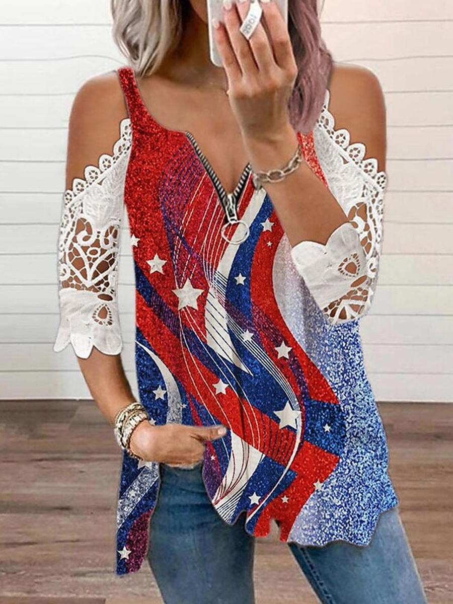 Fashion Casual Independence Day Print Zip V Neck Short Sleeve T Shirt