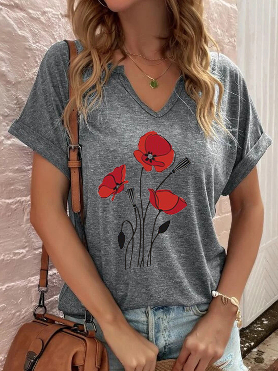 Casual Floral Print V Neck Short Sleeve T Shirt