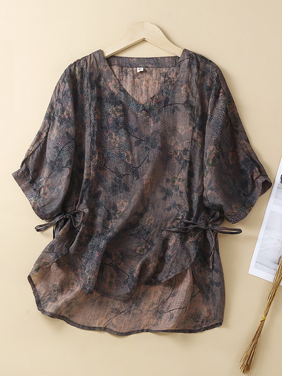 Vintage Print V Neck Short Sleeve Blouse
