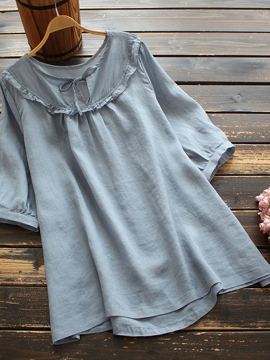 Round Neck Casual Loose Solid Color Short sleeved Blouse