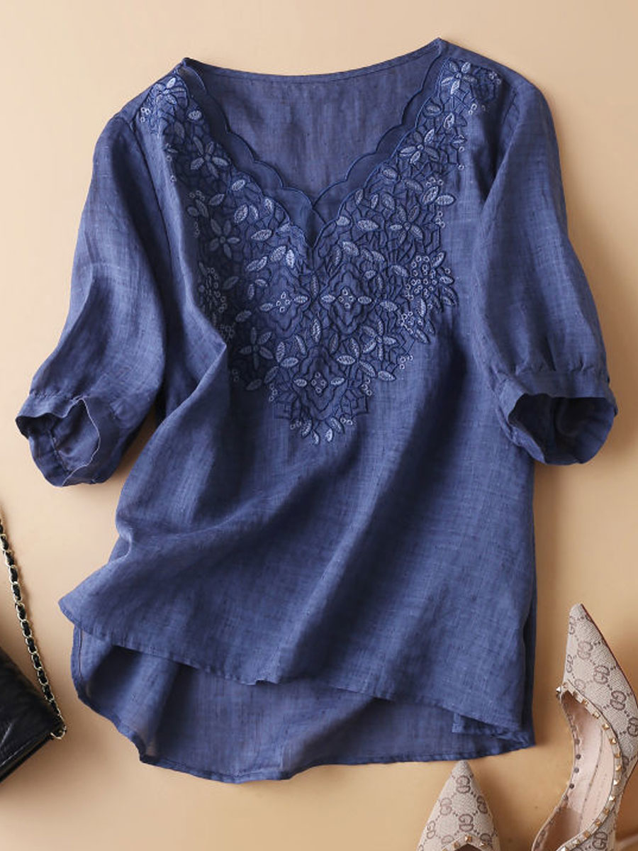 V neck Casual Loose Embroidered Short Sleeve Blouse