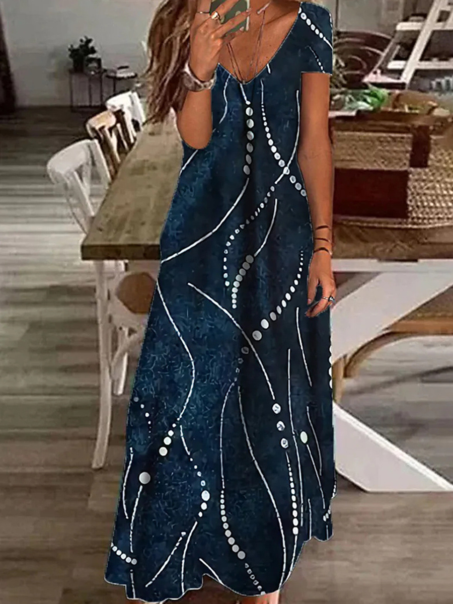 Casual Printed Short Sleeve V Neck Maxi Dress