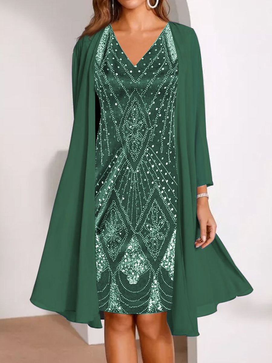 Casual Printed Long Sleeve V Neck Two Piece Short Dress
