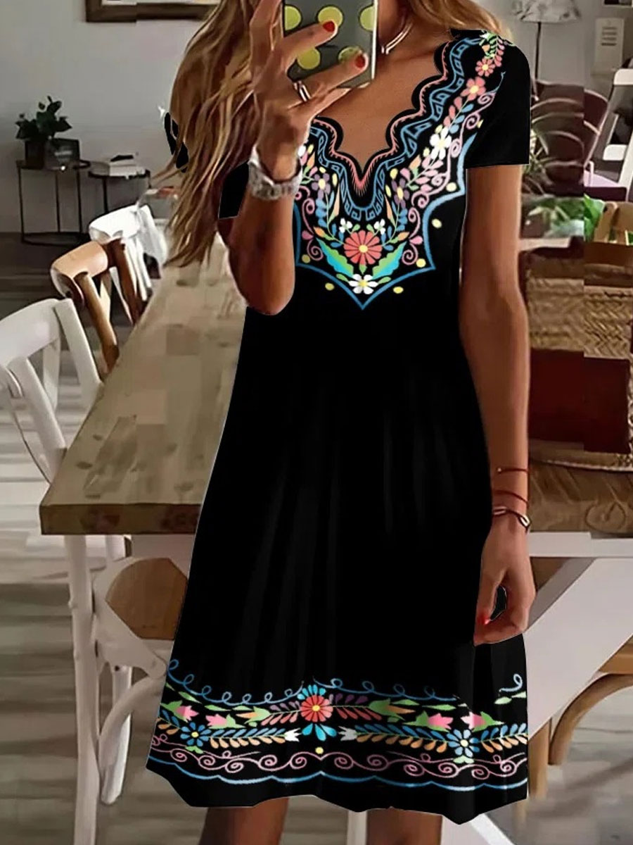 V neck Casual Loose Vintage Print Short Sleeve Short Dress