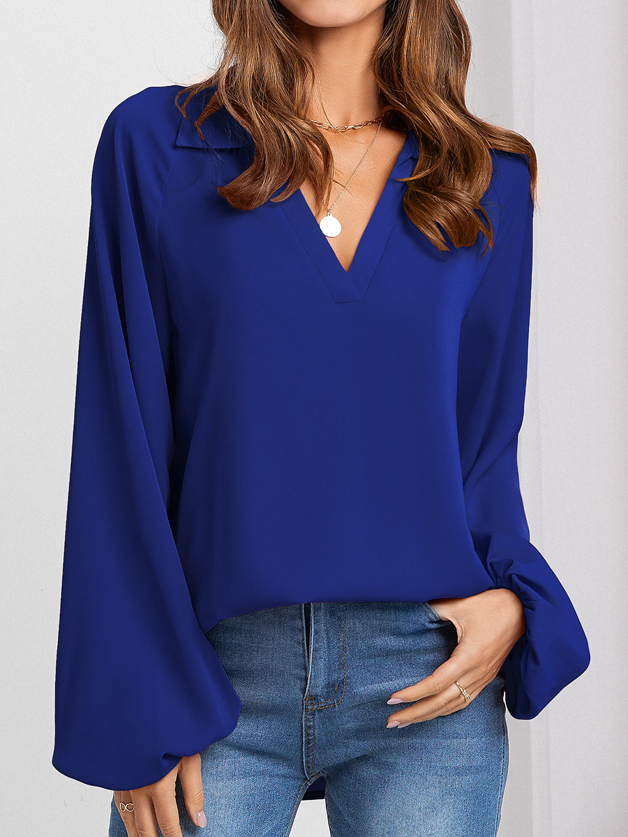 Casual Solid Color V Neck Long Sleeve Blouse