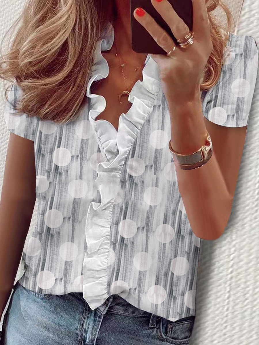 Casual Floral Print V Neck Short Sleeve Blouse