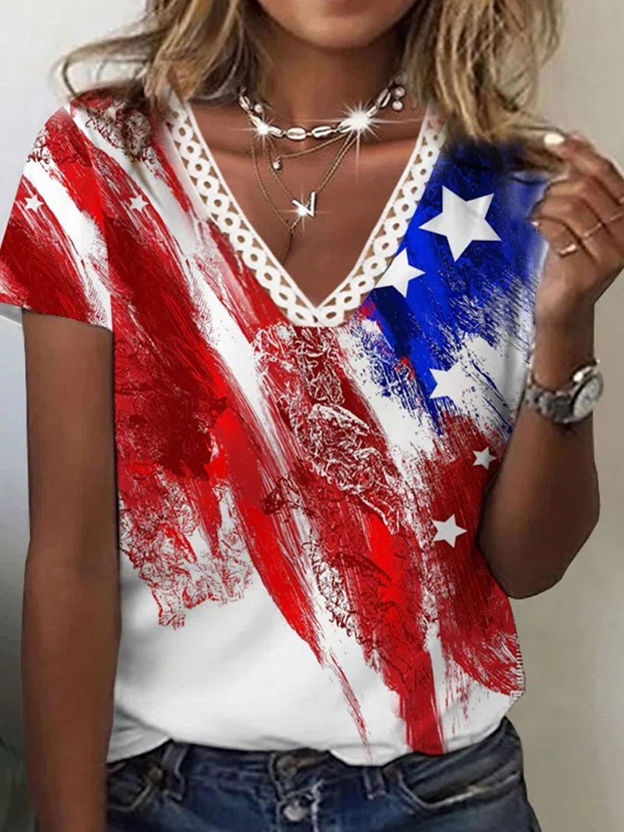 V neck Cutout Casual Loose Print Short Sleeve T shirt