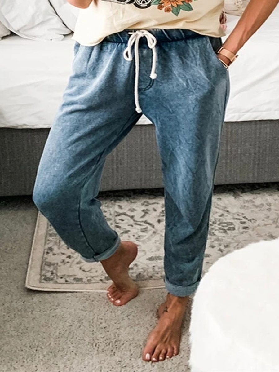 Casual Solid Color Drawstring Jeans