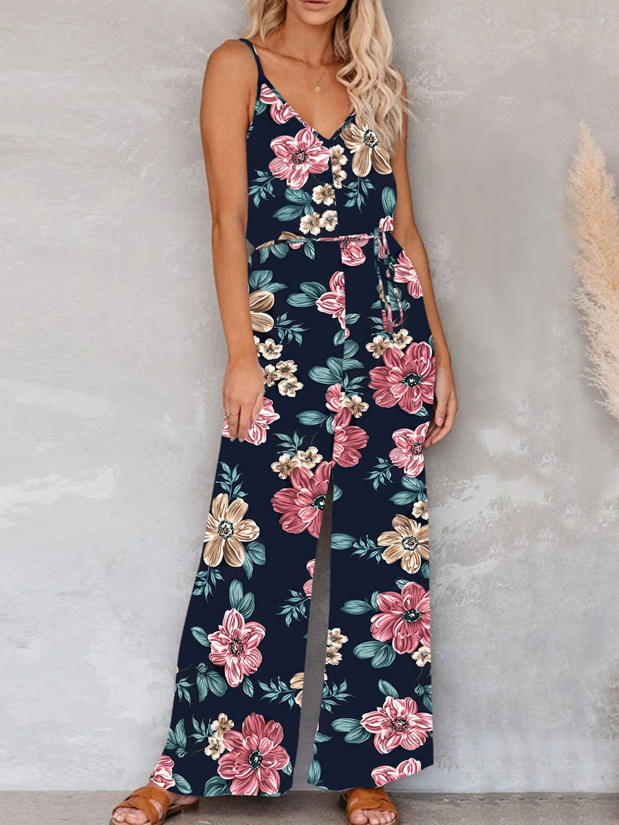 V neck Casual Loose Floral Print Sleeveless Jumpsuit