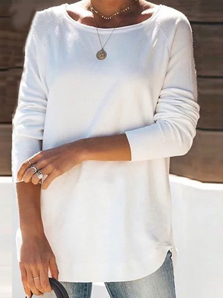 Round Neck Casual Loose Solid Color Long Sleeve T shirt
