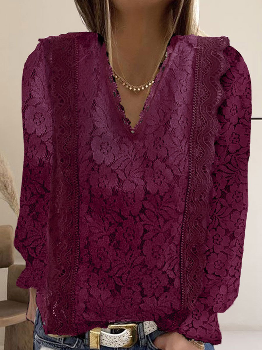 V neck Casual Loose Lace Cutout Long Sleeve Blouse