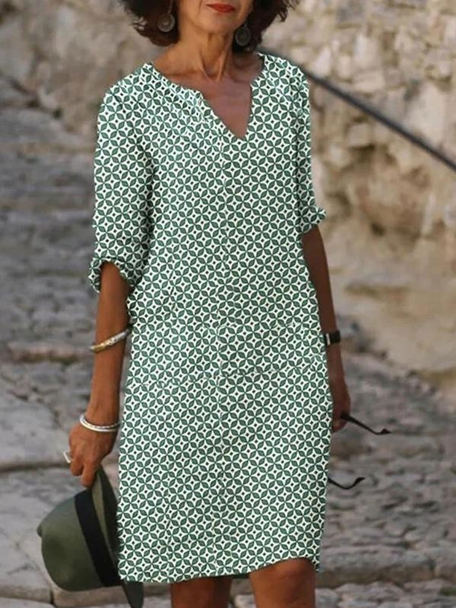 V neck Casual Loose Geometric Print Short Sleeve Short Dress