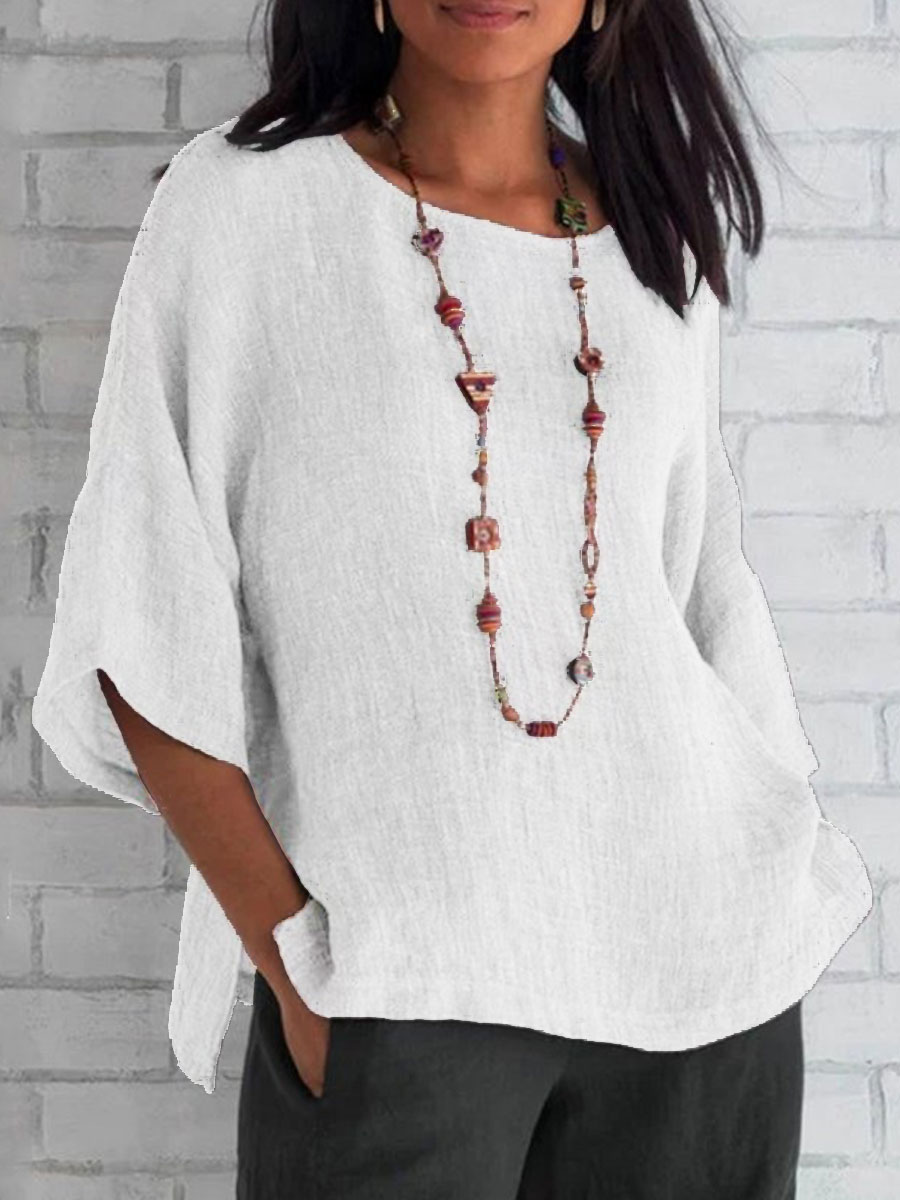 Round Neck Casual Loose Chic Solid Color Mid-sleeve Blouse