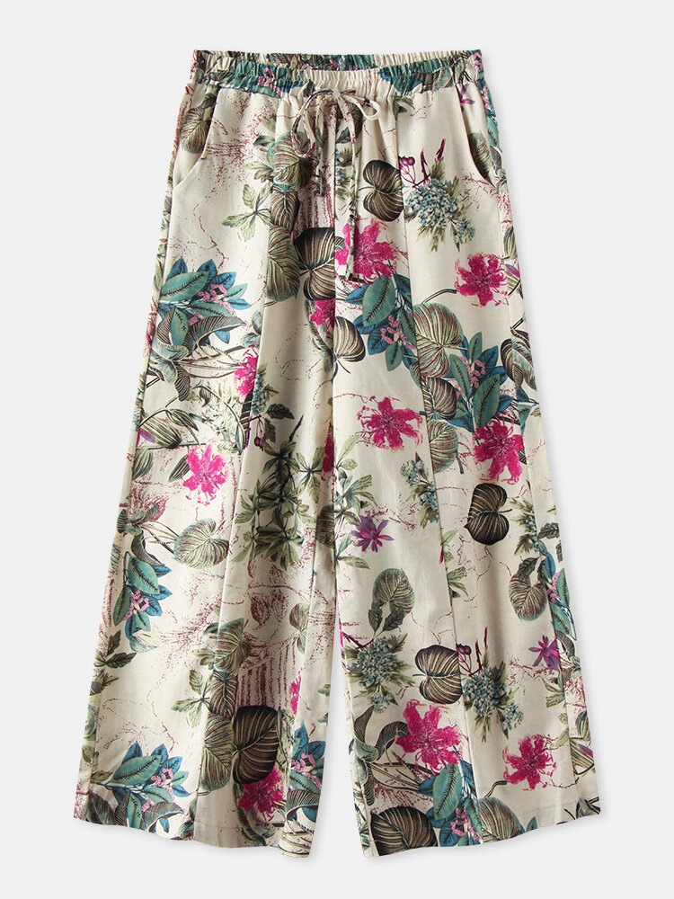 Relaxed Loose Floral Print Elastic Waist Wide Leg Pants