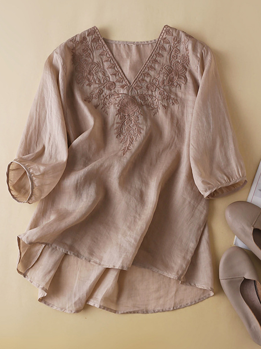 Casual Embroidered V Neck Short Sleeve Blouse